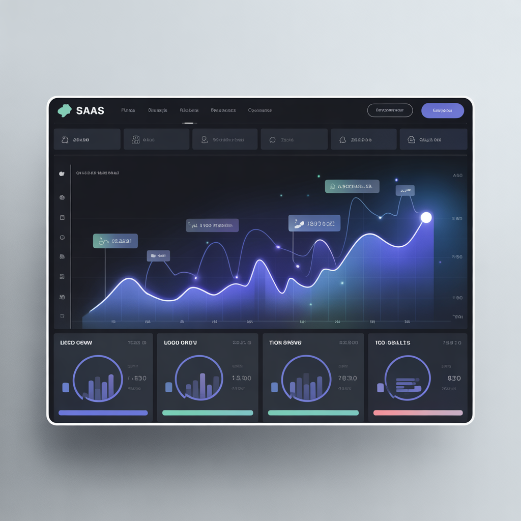 A clean, modern SaaS analytics dashboard showing a line chart with high growth, neon blue and white UI elements, professional tech setup